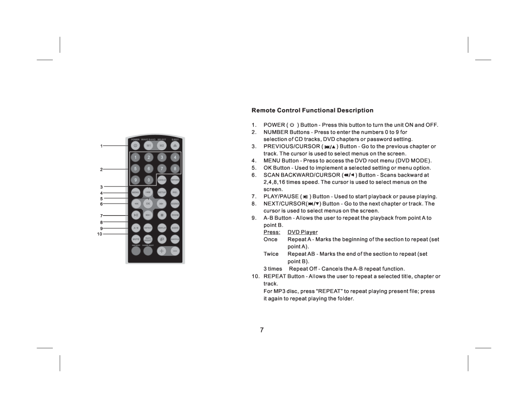 Audiovox AVXMTG9B/P/S operation manual Remote Control Functional Description 