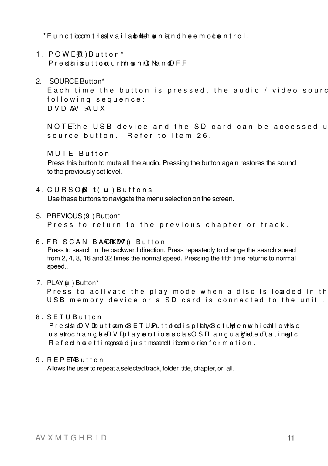 Audiovox AVXMTGHR1D operation manual Power Button, Source Button, Mute Button, Cursor pqt u Buttons, Previous 9 Button 