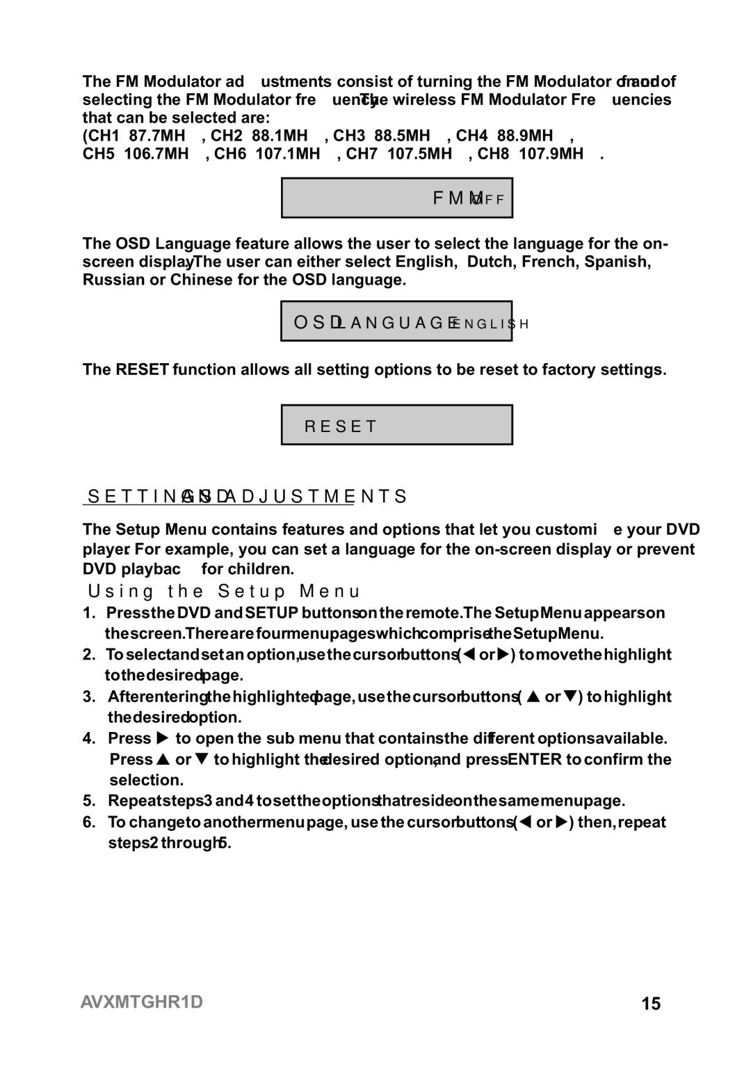 Audiovox AVXMTGHR1D operation manual Fmmoff, Settings and Adjustments, Using the Setup Menu 