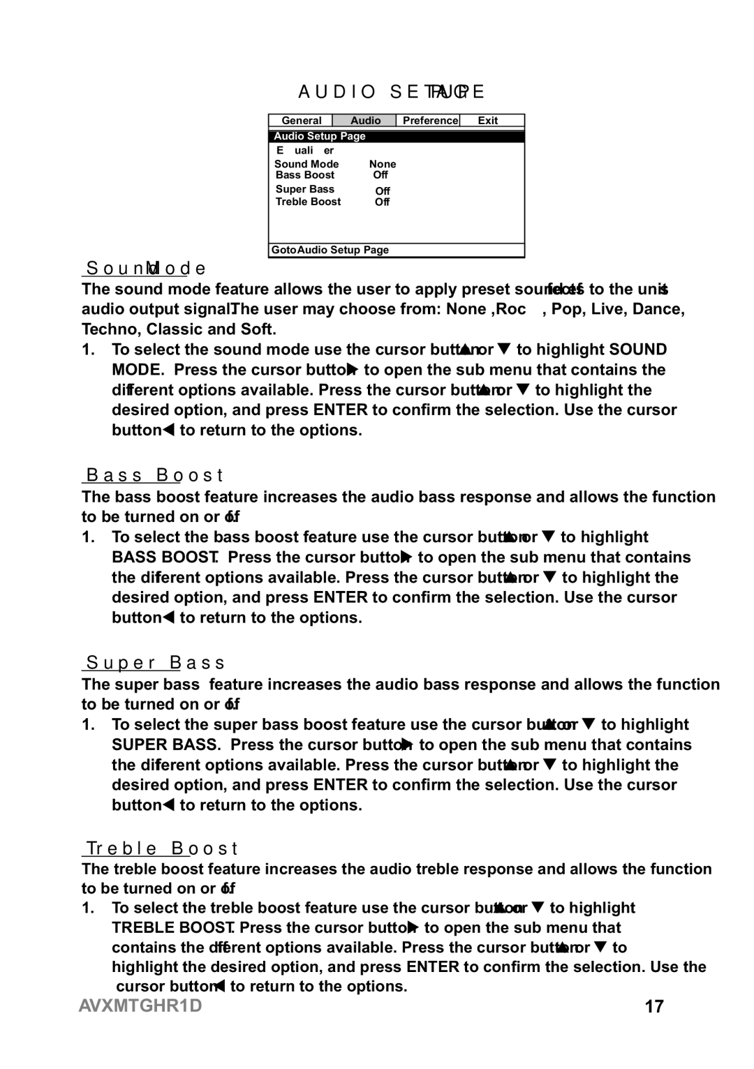 Audiovox AVXMTGHR1D operation manual Audio Setup, Sound Mode, Bass Boost, Super Bass, Treble Boost 