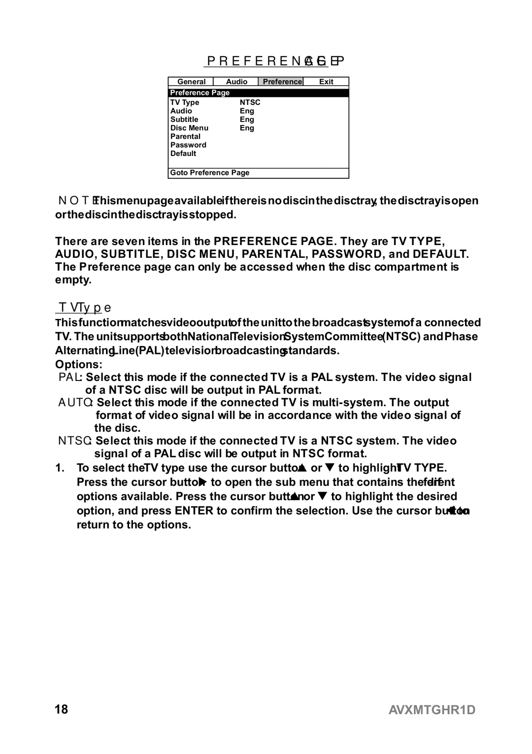 Audiovox AVXMTGHR1D operation manual Preference, TV Type 