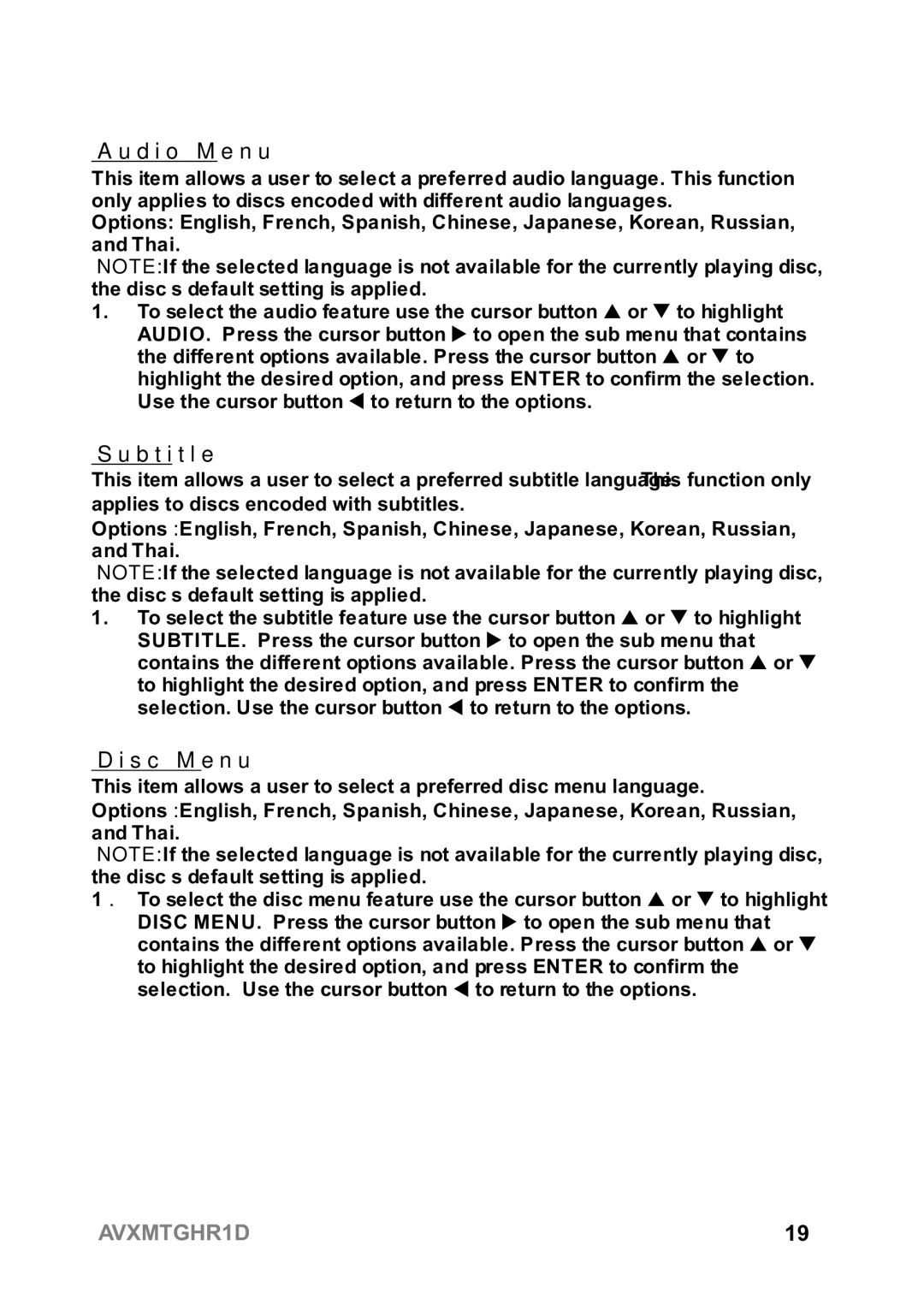 Audiovox AVXMTGHR1D operation manual Audio Menu, Subtitle, Disc Menu 
