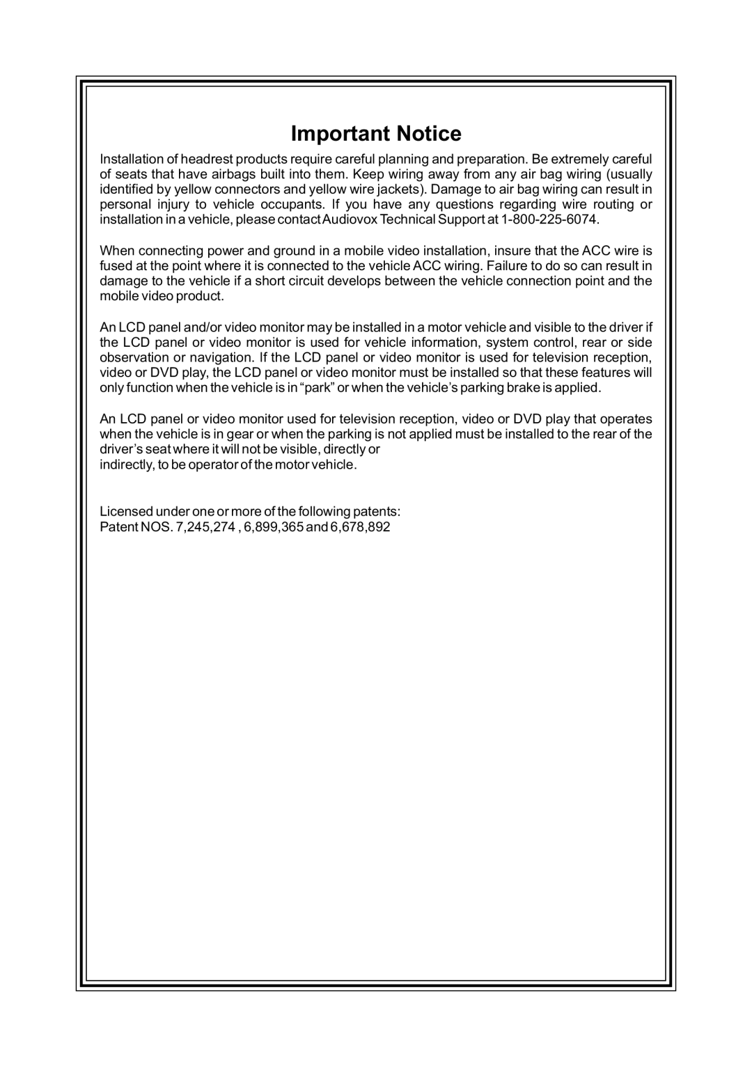 Audiovox AVXMTGHR1D operation manual Important Notice 