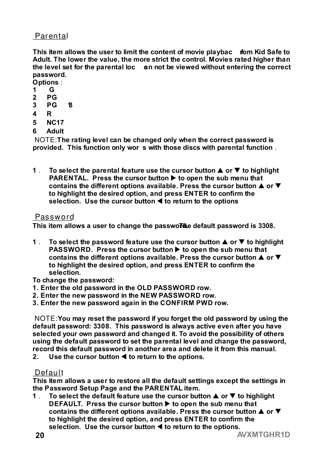 Audiovox AVXMTGHR1D operation manual Parental, Password, Default 