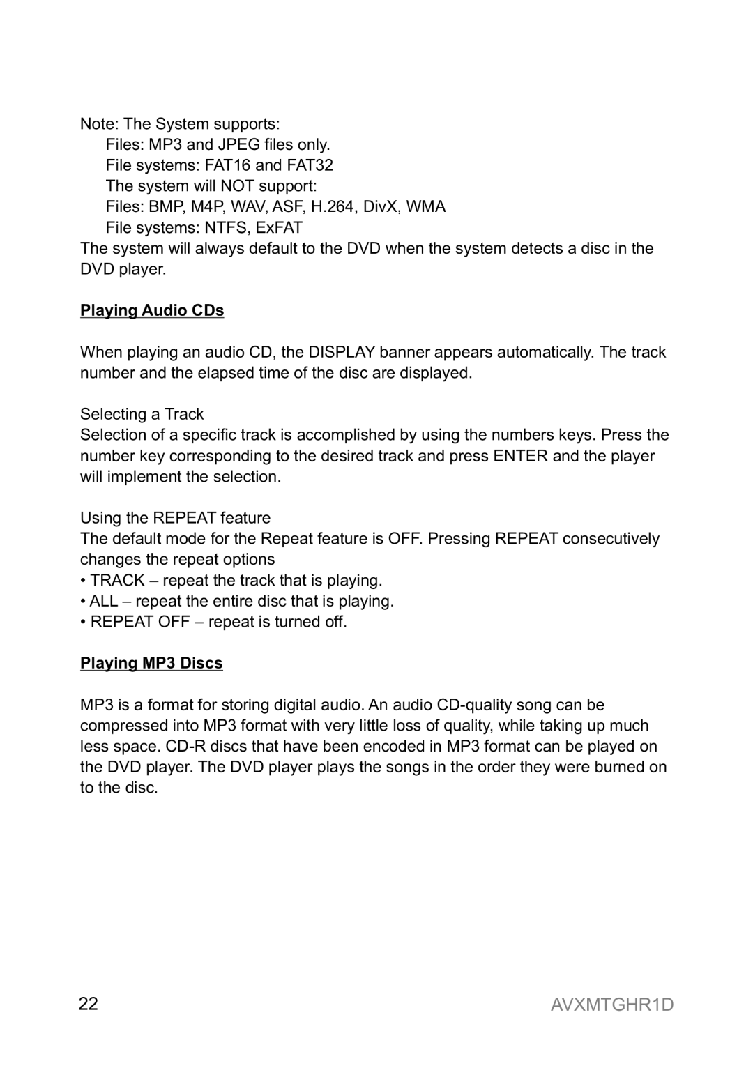 Audiovox AVXMTGHR1D operation manual Playing Audio CDs, Playing MP3 Discs 