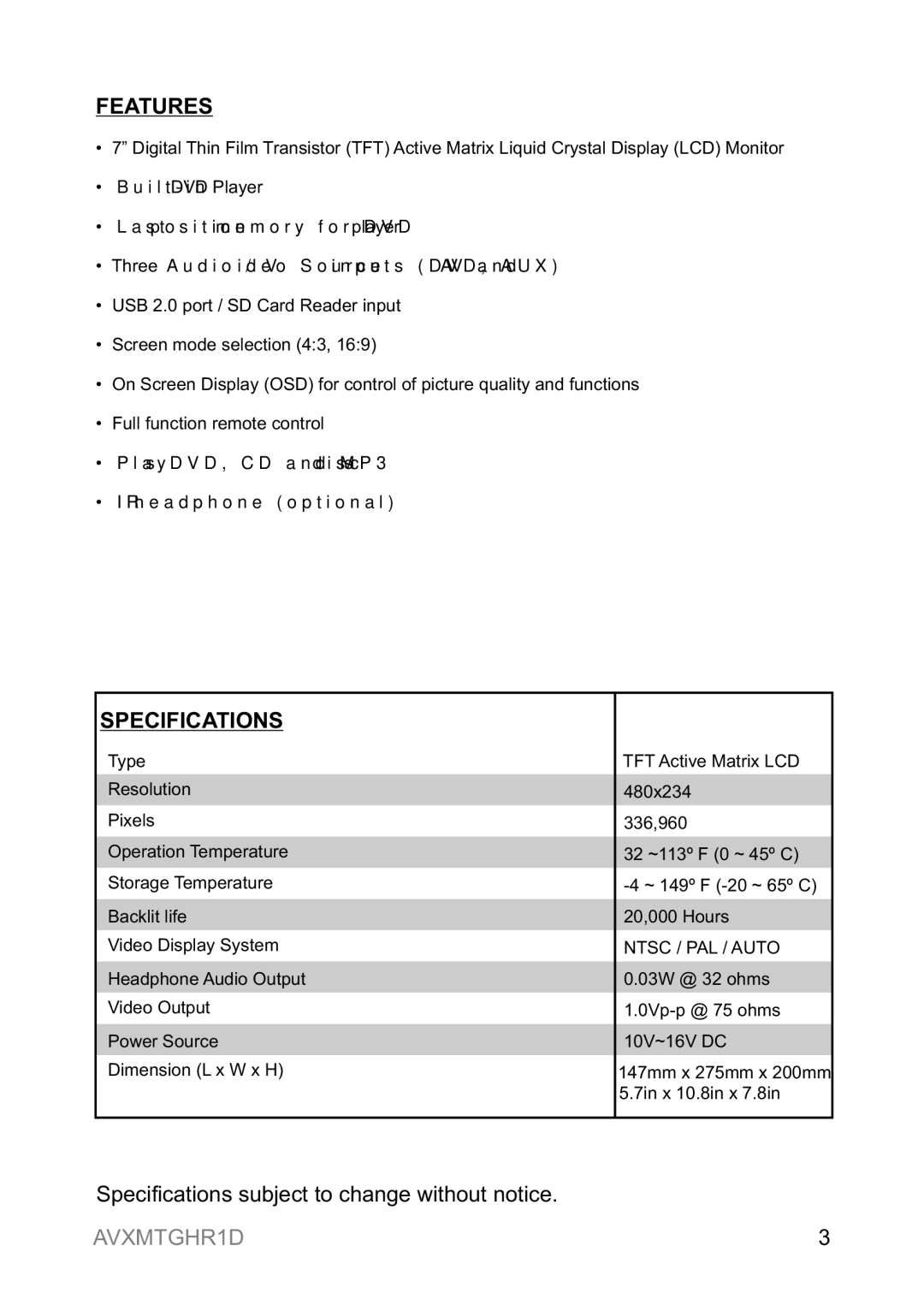 Audiovox AVXMTGHR1D operation manual Features, Specifications 