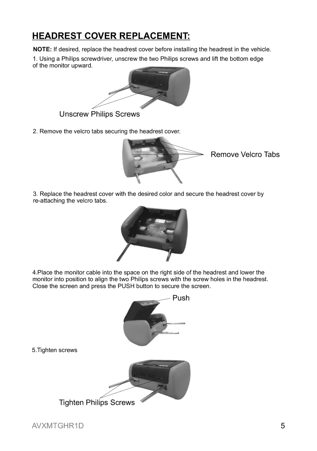 Audiovox AVXMTGHR1D operation manual Headrest Cover Replacement, Remove Velcro Tabs 