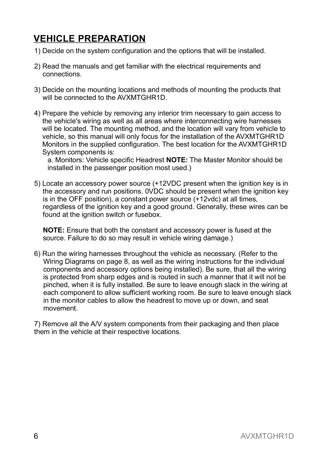 Audiovox AVXMTGHR1D operation manual Vehicle Preparation 