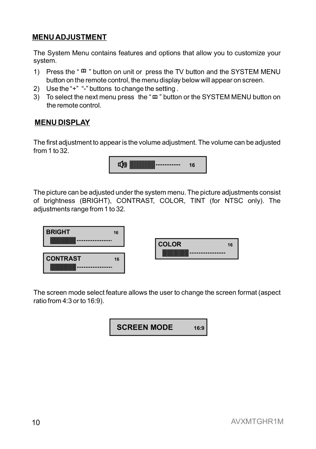 Audiovox AVXMTGHR1M operation manual Menu Adjustment, Menu Display, Screen Mode 