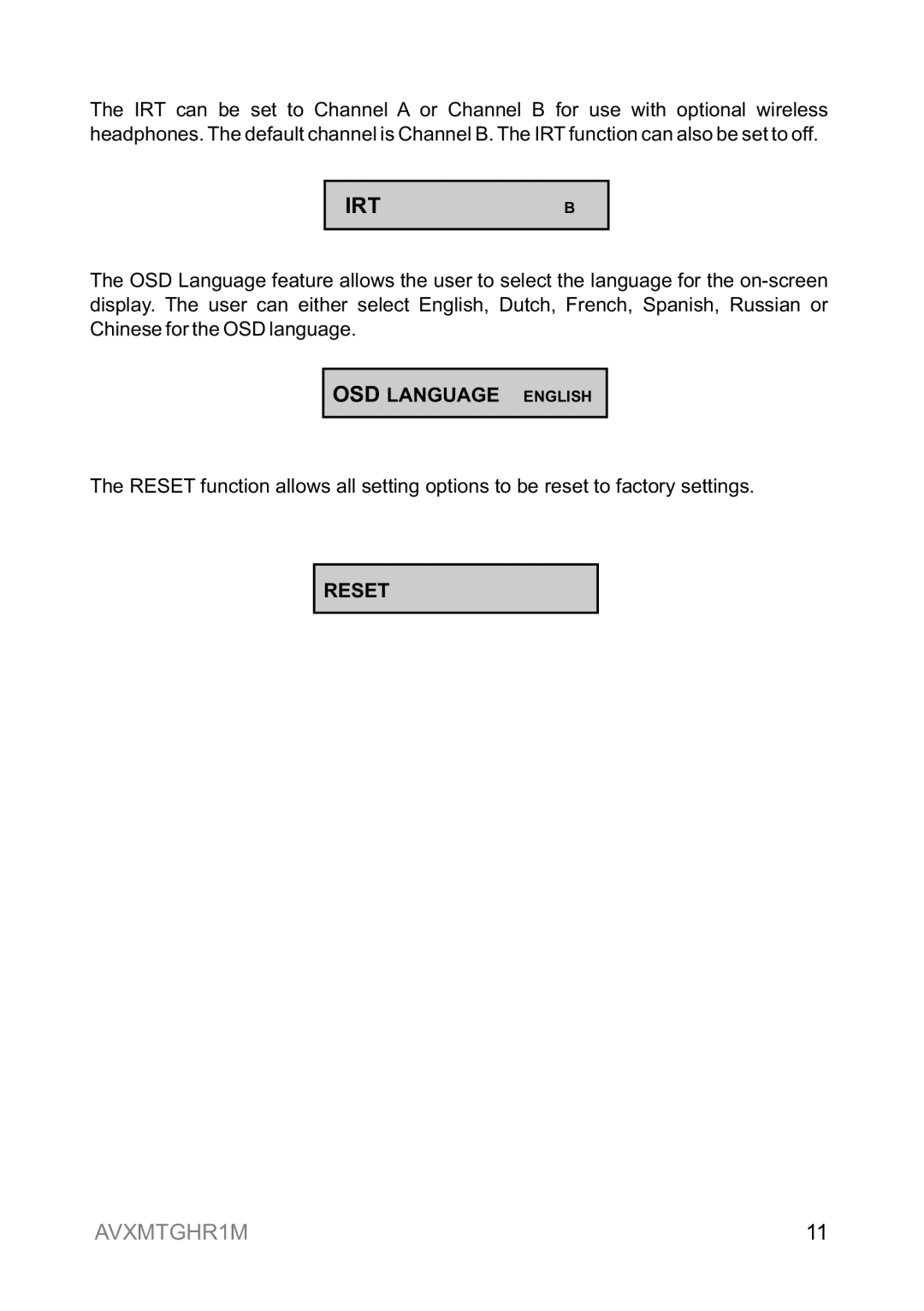 Audiovox AVXMTGHR1M operation manual Irtb 