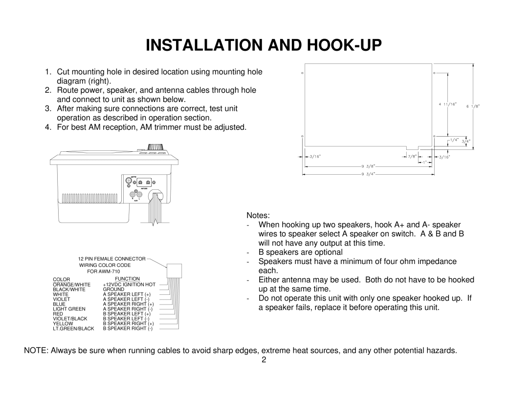 Audiovox AWM-710 owner manual Installation and HOOK-UP 