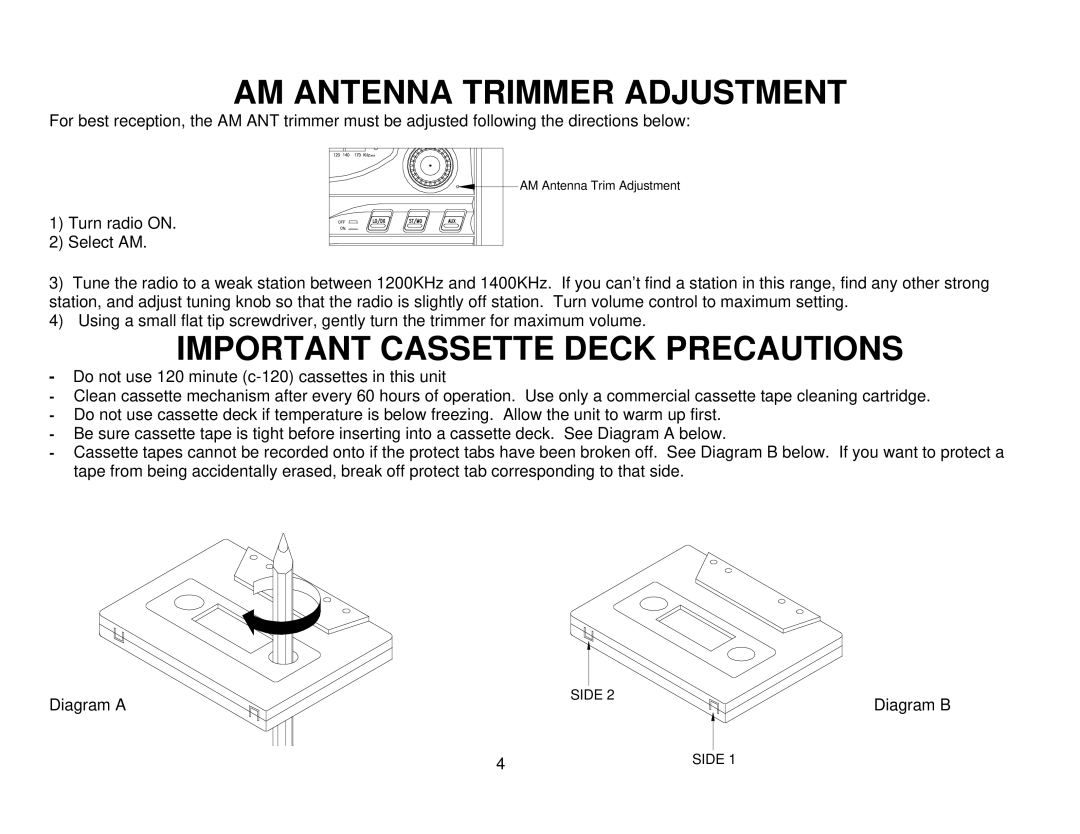 Audiovox AWM-710 owner manual AM Antenna Trimmer Adjustment, Important Cassette Deck Precautions 