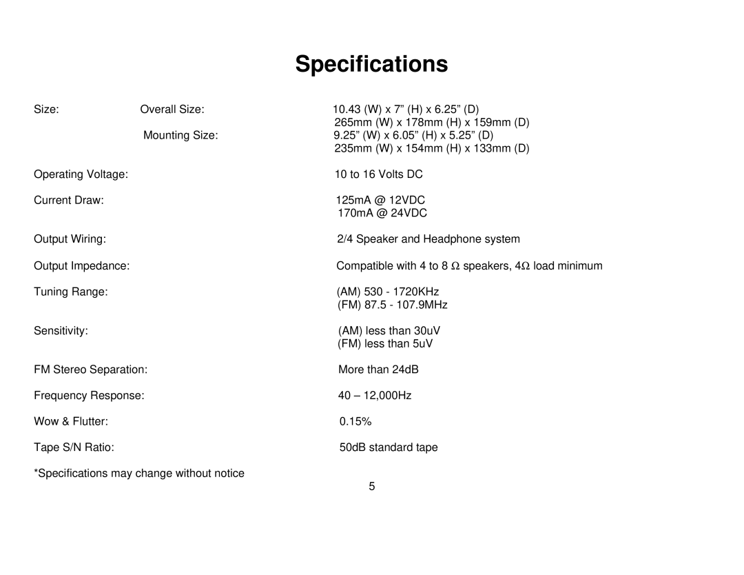 Audiovox AWM-710 owner manual Specifications 