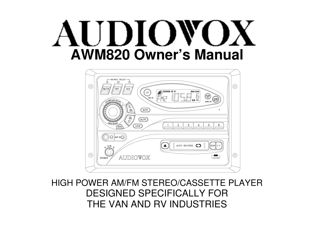 Audiovox AWM820 owner manual Designed Specifically for the VAN and RV Industries 