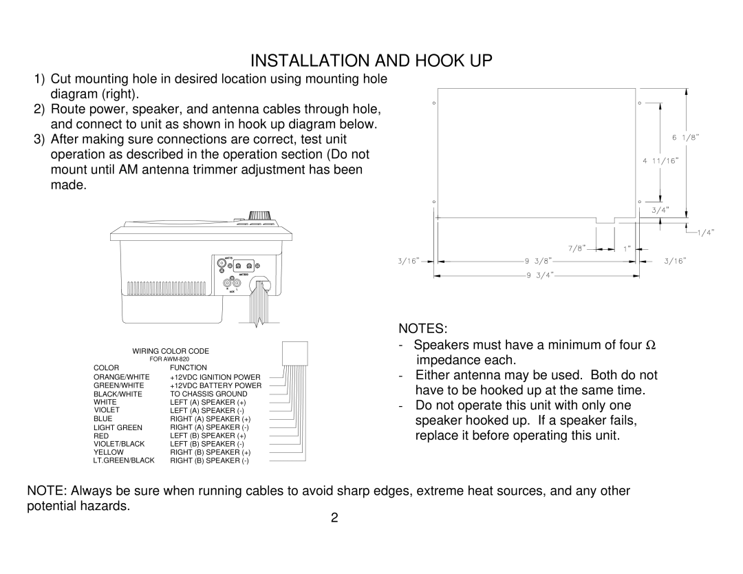 Audiovox AWM820 owner manual Installation and Hook UP 