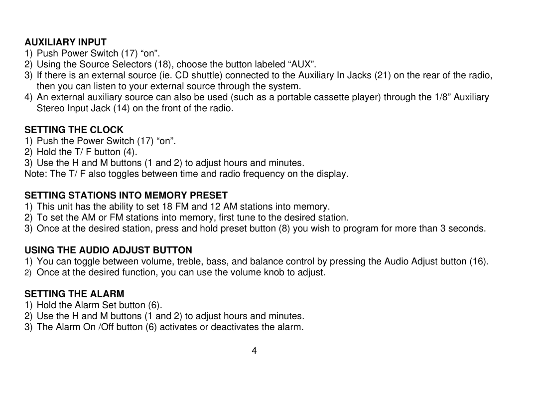 Audiovox AWM820 Auxiliary Input, Setting the Clock, Setting Stations Into Memory Preset, Using the Audio Adjust Button 