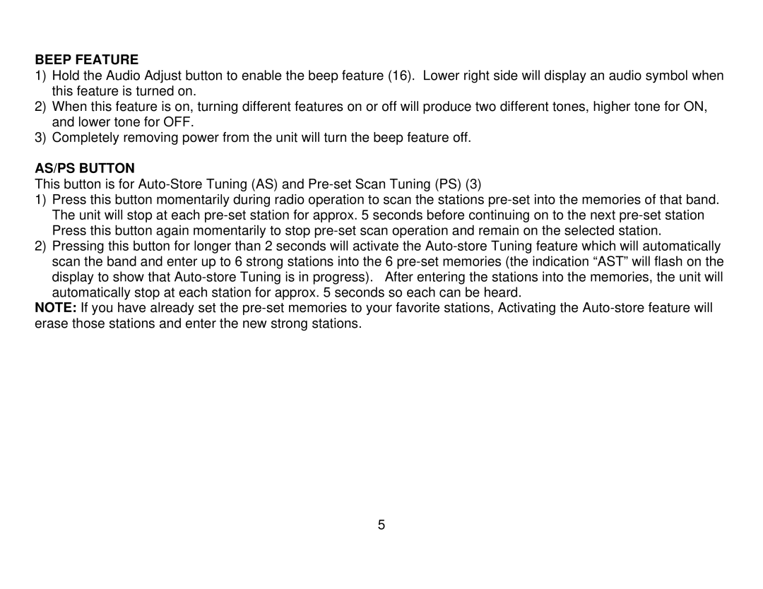Audiovox AWM820 owner manual Beep Feature, AS/PS Button 