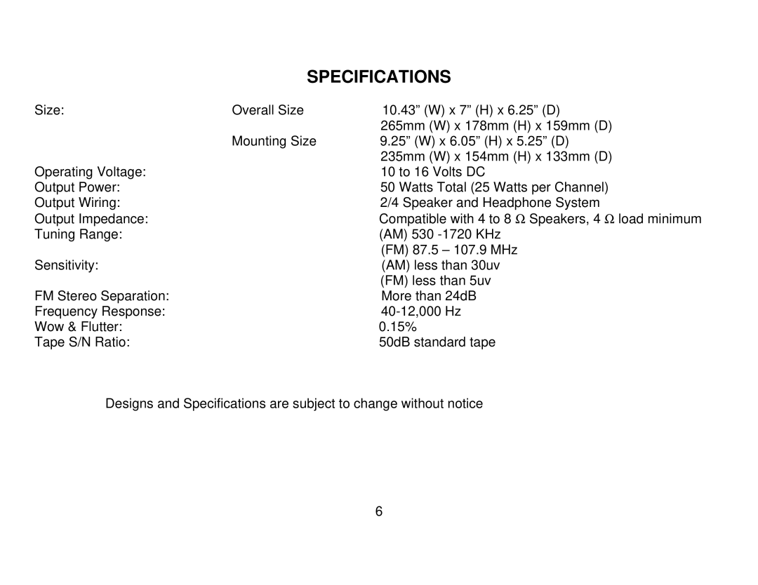 Audiovox AWM820 owner manual Specifications 