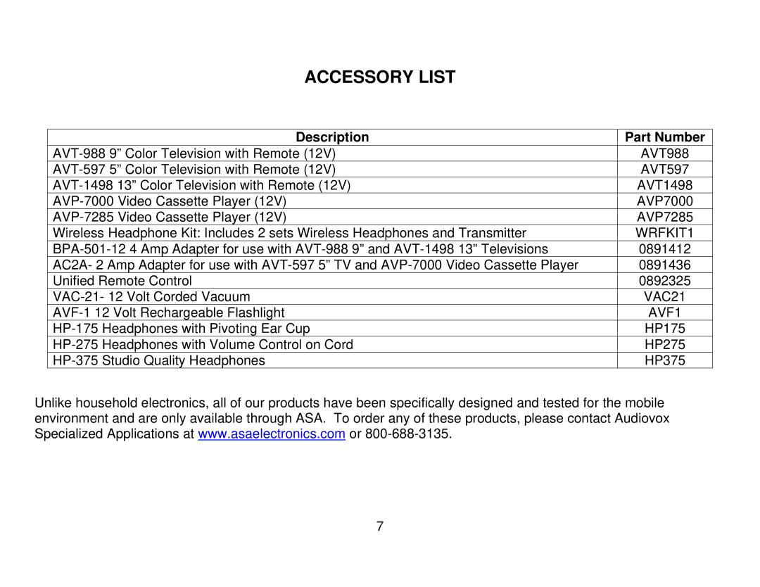 Audiovox AWM820 owner manual Accessory List 