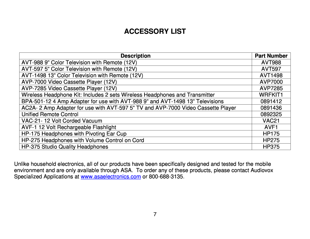 Audiovox AWM820 owner manual Accessory List, Description, Part Number 