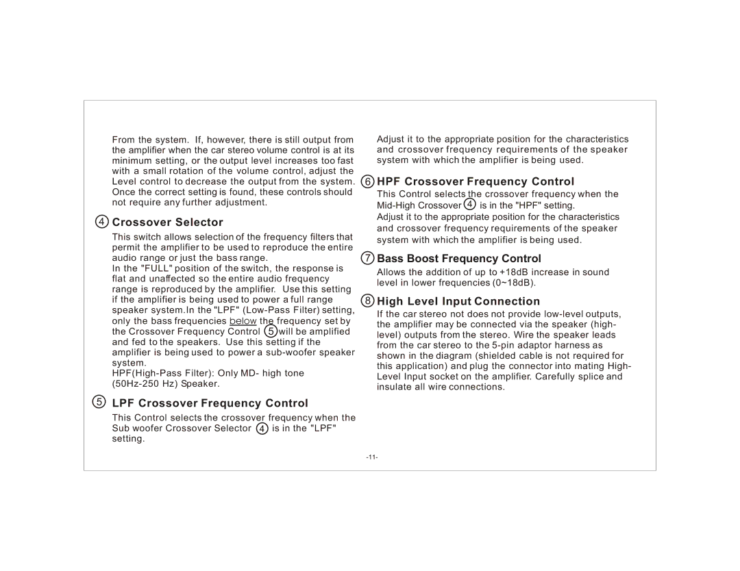 Audiovox AXT-1200 owner manual Crossover Selector, LPF Crossover Frequency Control, HPF Crossover Frequency Control 