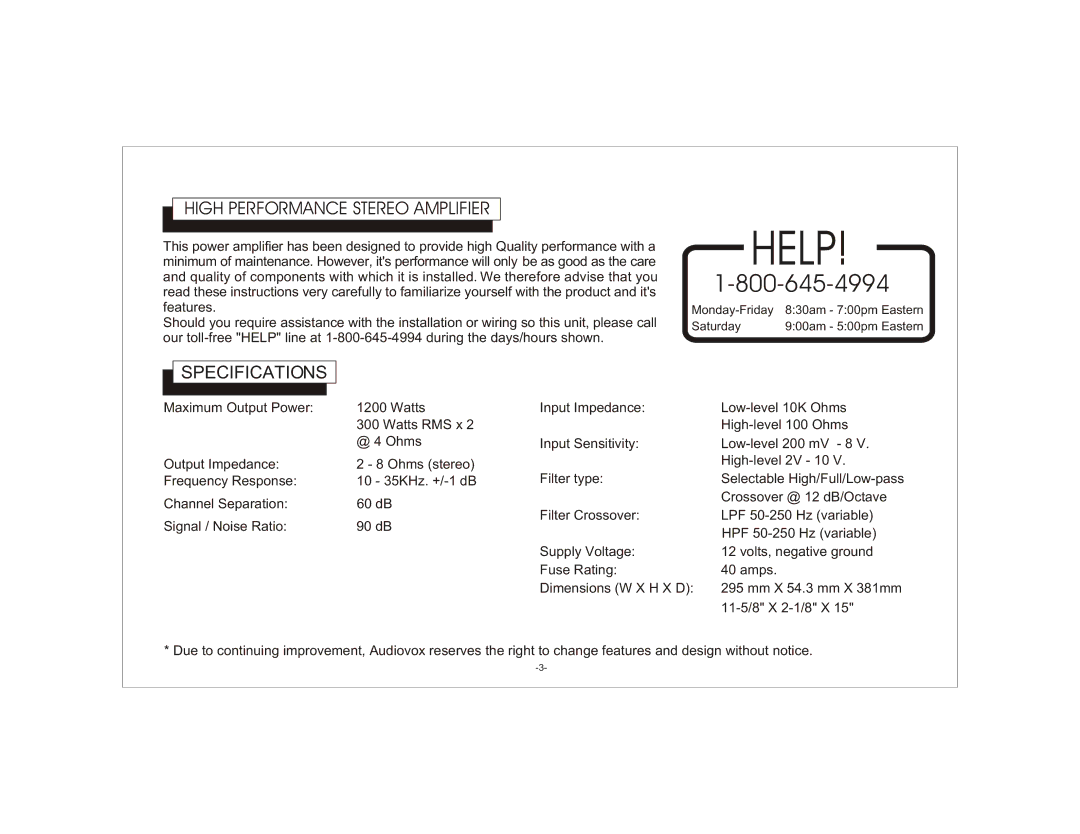 Audiovox AXT-1200 owner manual High Performance Stereo Amplifier, Specifications 
