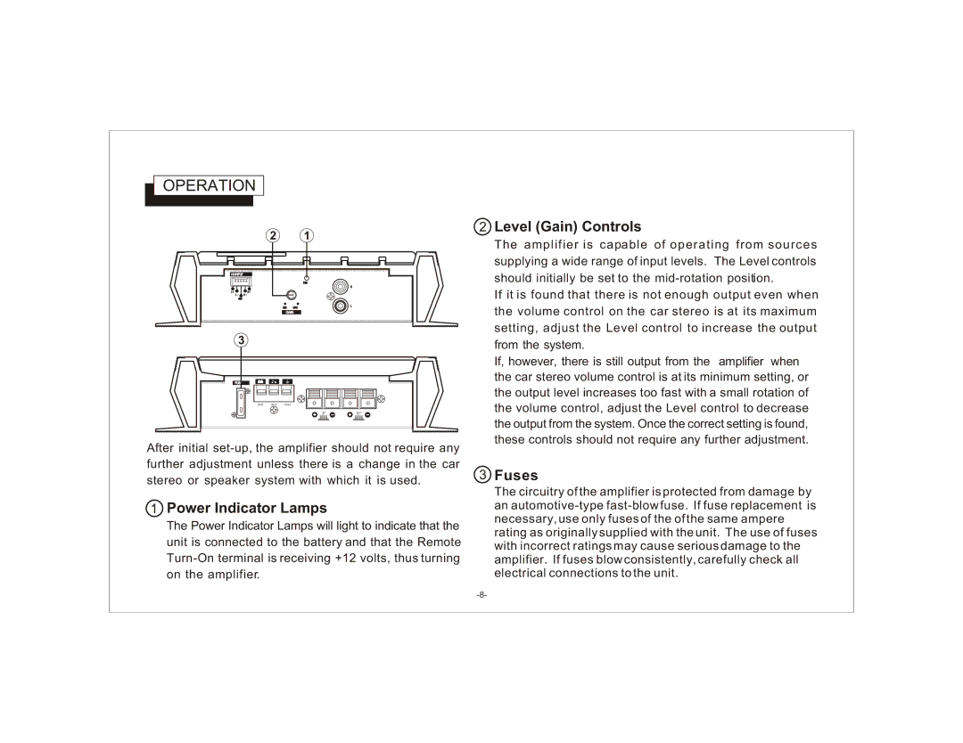 Audiovox AXT-240 owner manual Operation, Power Indicator Lamps, Level Gain Controls, Fuses 