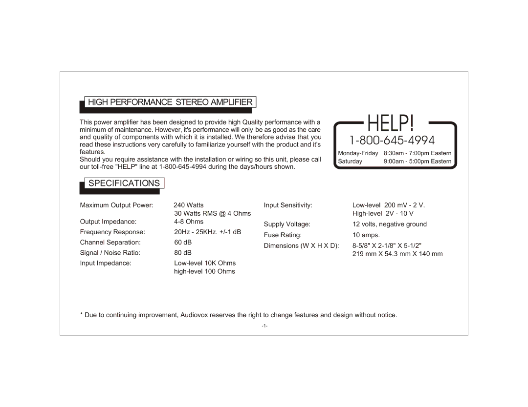 Audiovox AXT-240 owner manual High Performance Stereo Amplifier, Specifications 