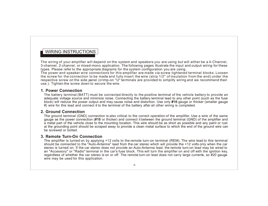 Audiovox AXT-240 owner manual Wiring Instructions, Power Connection, Ground Connection, Remote Turn-On Connection 