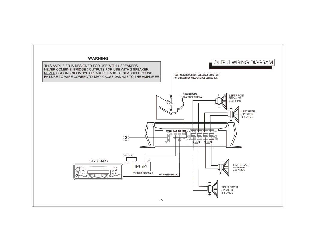 Audiovox AXT-240 owner manual Output Wiring Diagram, CAR Stereo Battery 