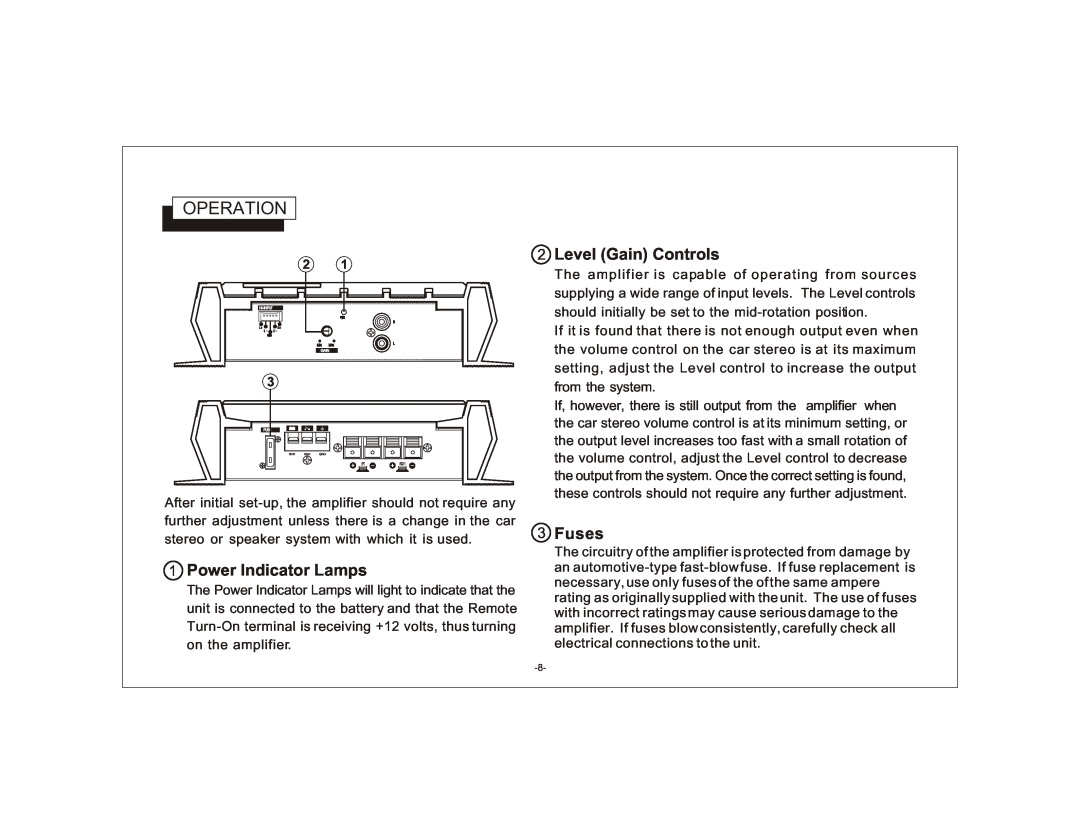 Audiovox AXT-240 owner manual Operation, 1Power Indicator Lamps, 2Level Gain Controls, 3Fuses 
