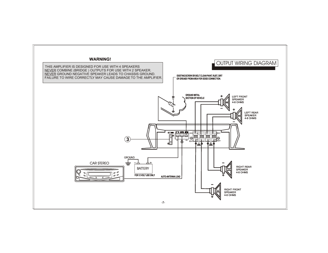 Audiovox AXT-240 owner manual Output Wiring Diagram, Car Stereo Battery 