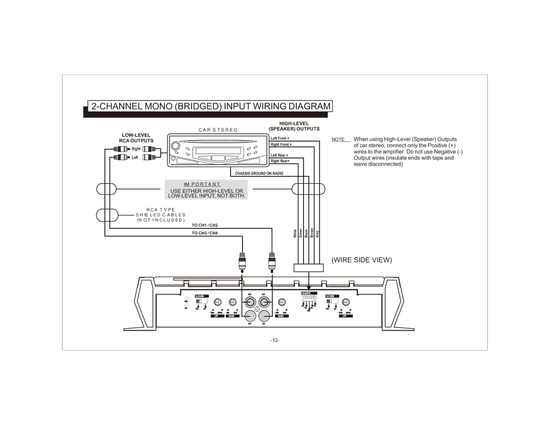 Audiovox AXT-500 owner manual Channel Mono Bridged Input Wiring Diagram 