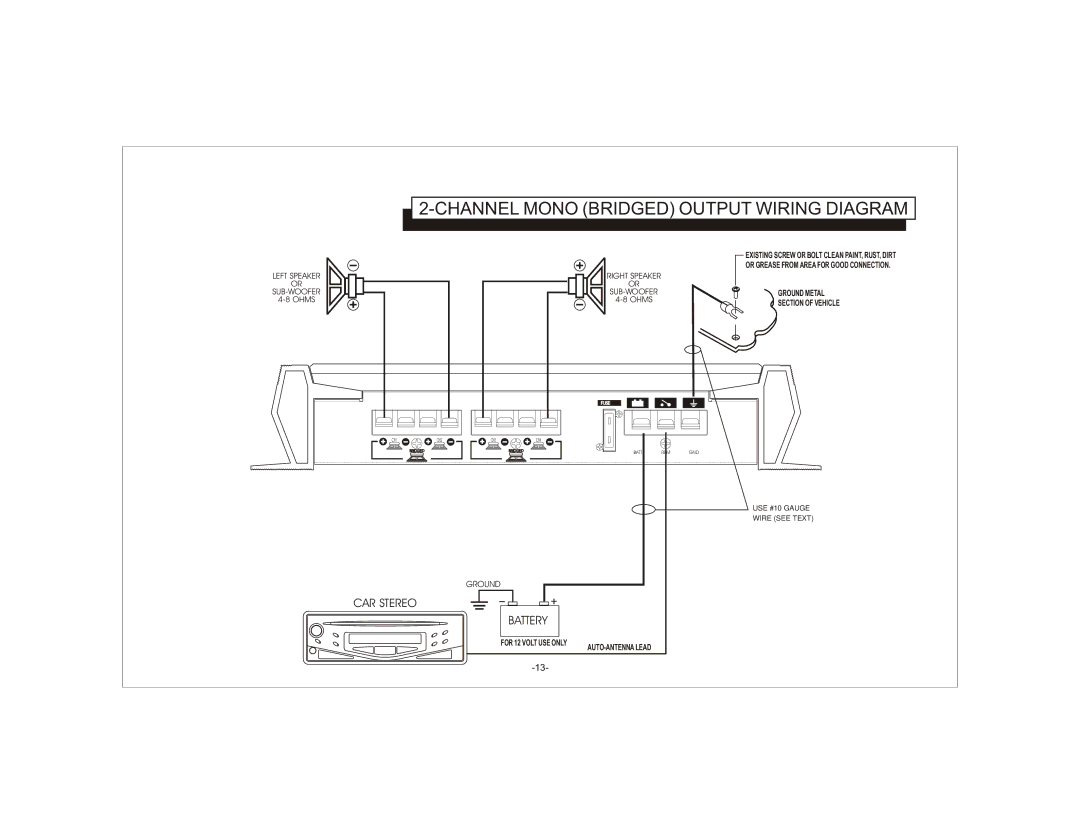 Audiovox AXT-500 owner manual Channel Mono Bridged Output Wiring Diagram, Right Speaker SUB-WOOFER 