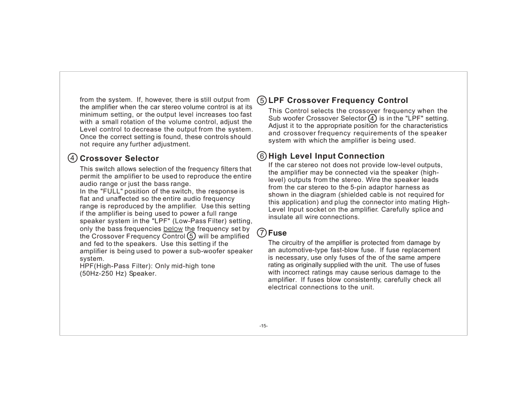 Audiovox AXT-500 owner manual LPF Crossover Frequency Control, Crossover Selector, High Level Input Connection, Fuse 