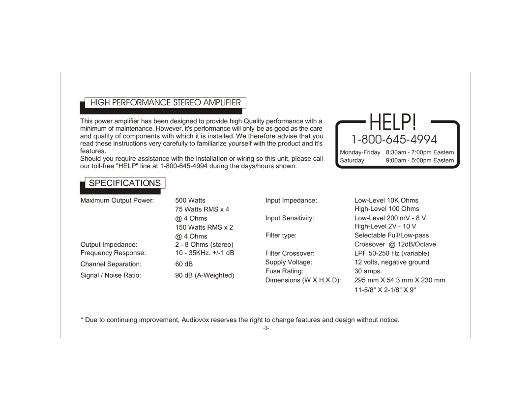 Audiovox AXT-500 owner manual High Performance Stereo Amplifier, Specifications 