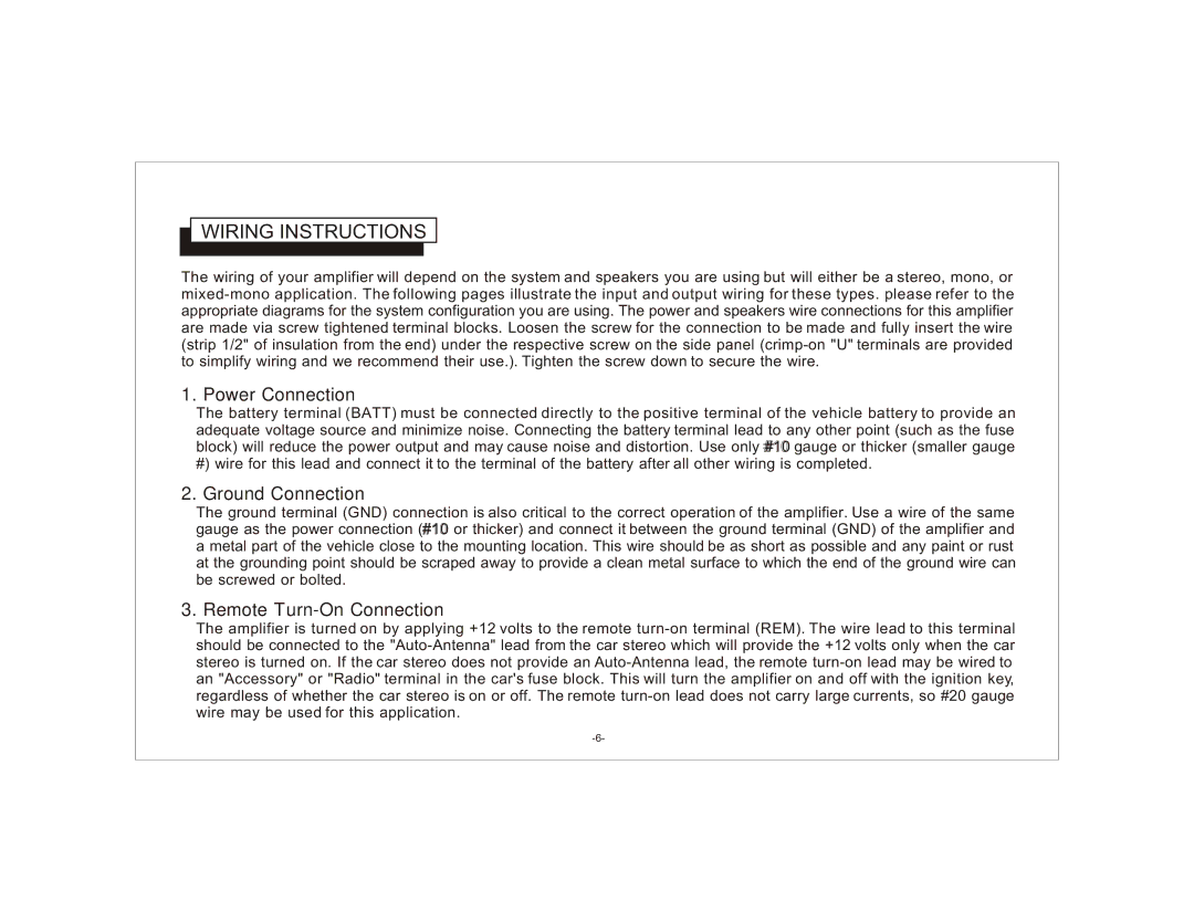 Audiovox AXT-500 owner manual Wiring Instructions, Power Connection, Ground Connection, Remote Turn-On Connection 