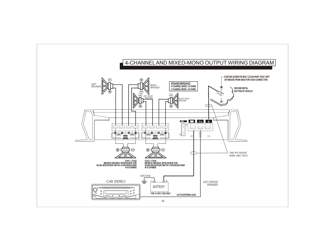 Audiovox AXT-500 owner manual Channel and MIXED-MONO Output Wiring Diagram, Right Rear Speaker 