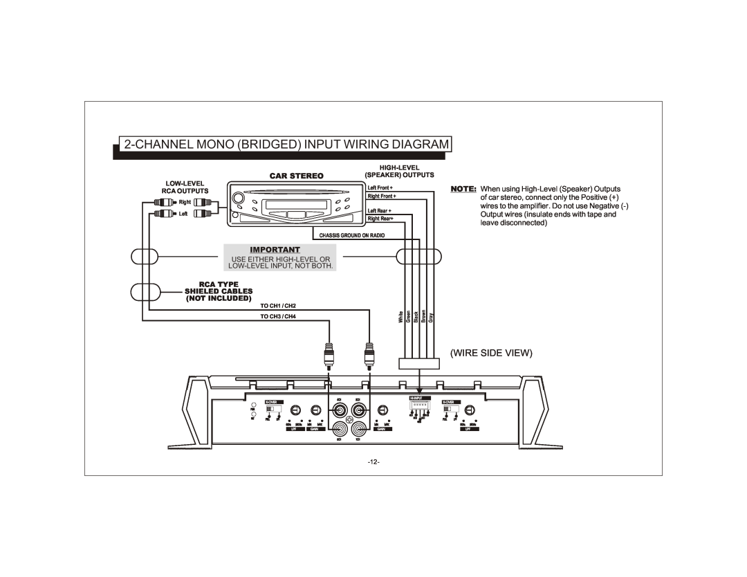 Audiovox AXT-500 owner manual Channelmono Bridged Input Wiring Diagram, Car Stereo 