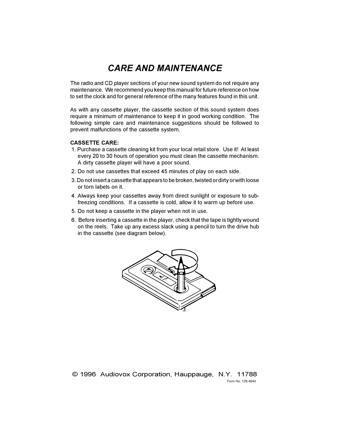 Audiovox AXTM600 owner manual Care and Maintenance, Cassette Care 