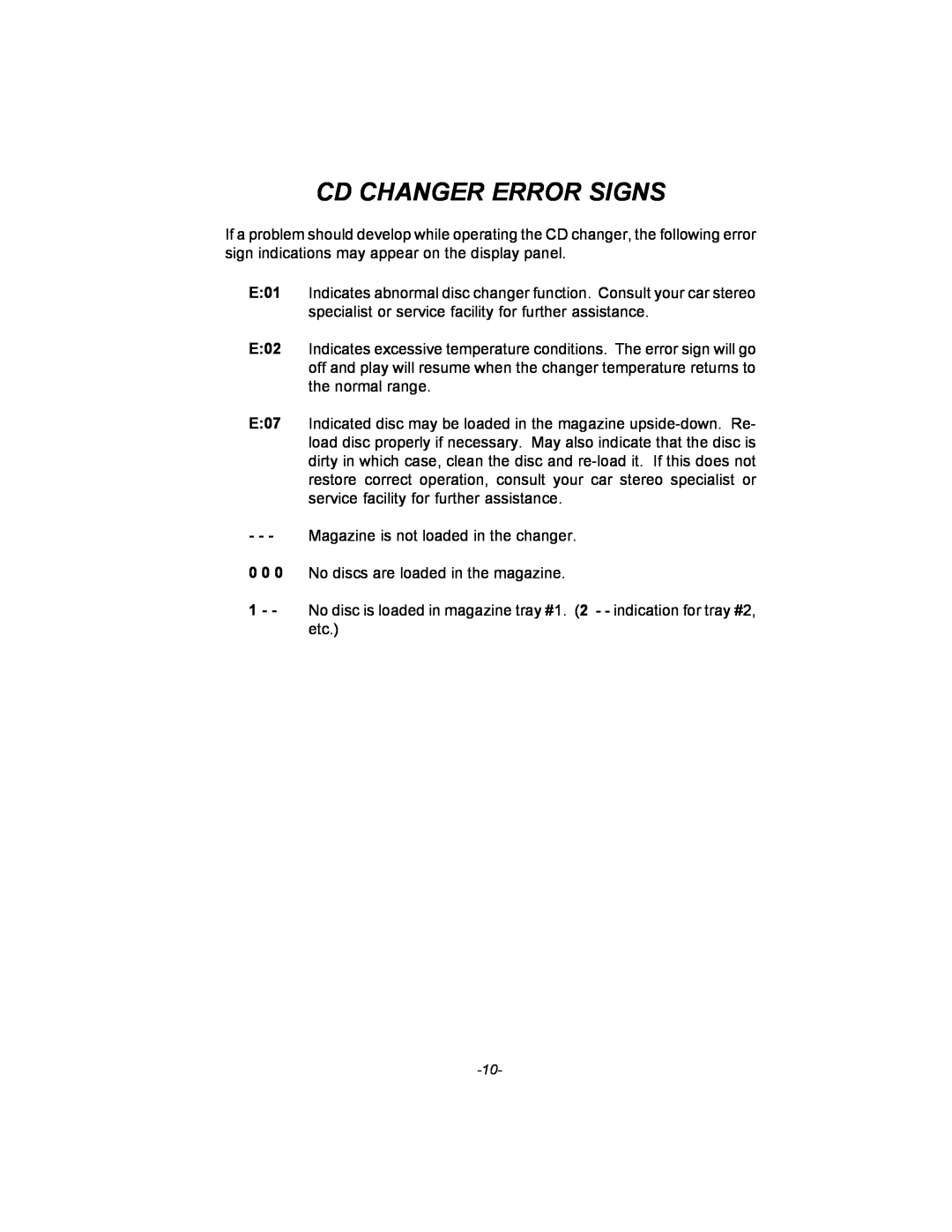 Audiovox AXTM600 owner manual Cd Changer Error Signs 