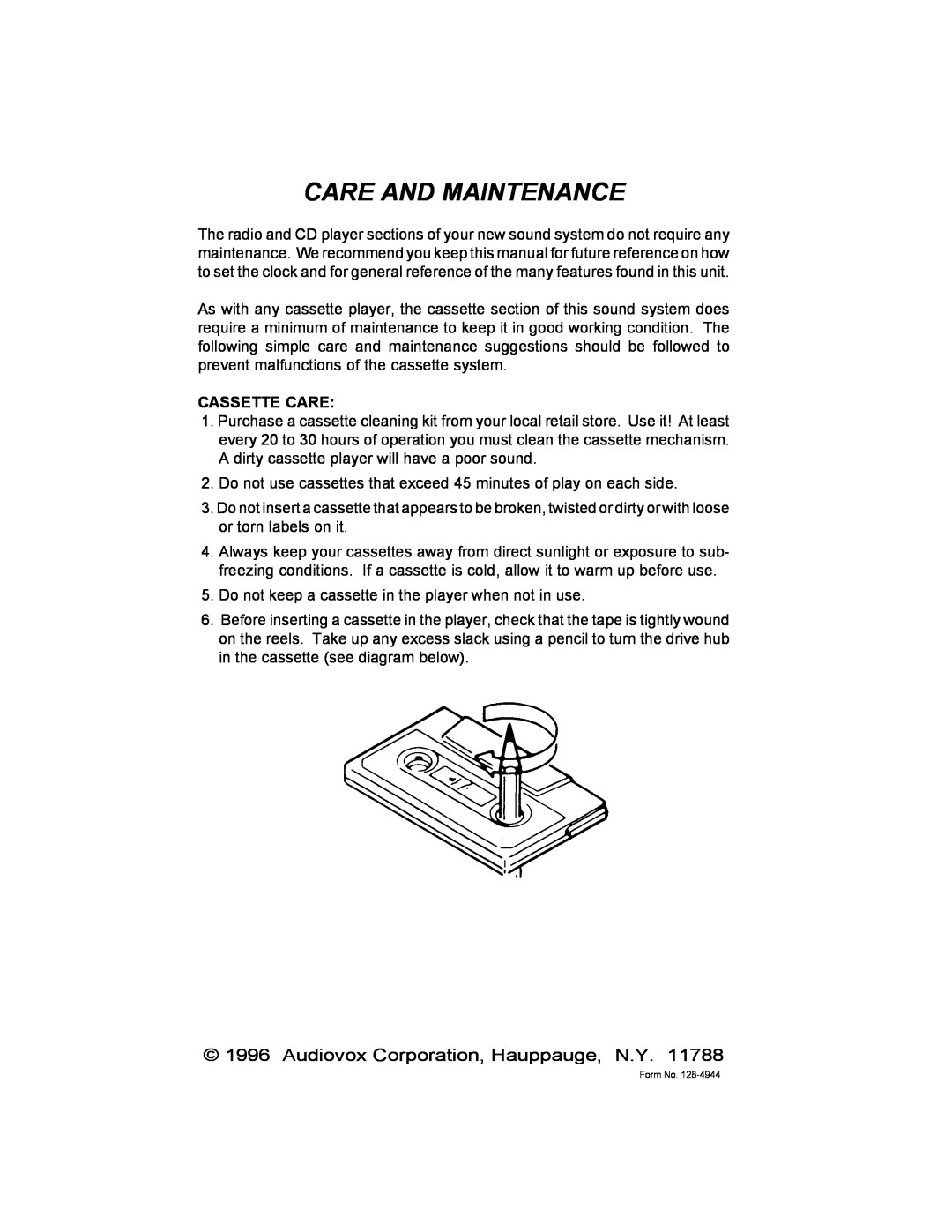 Audiovox AXTM600 owner manual Care And Maintenance, Audiovox Corporation, Hauppauge, N.Y 
