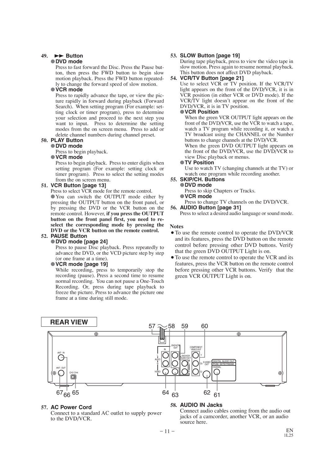 Audiovox AXWD2002 owner manual Press to select VCR mode for the remote control, Press to skip Chapters or Tracks 