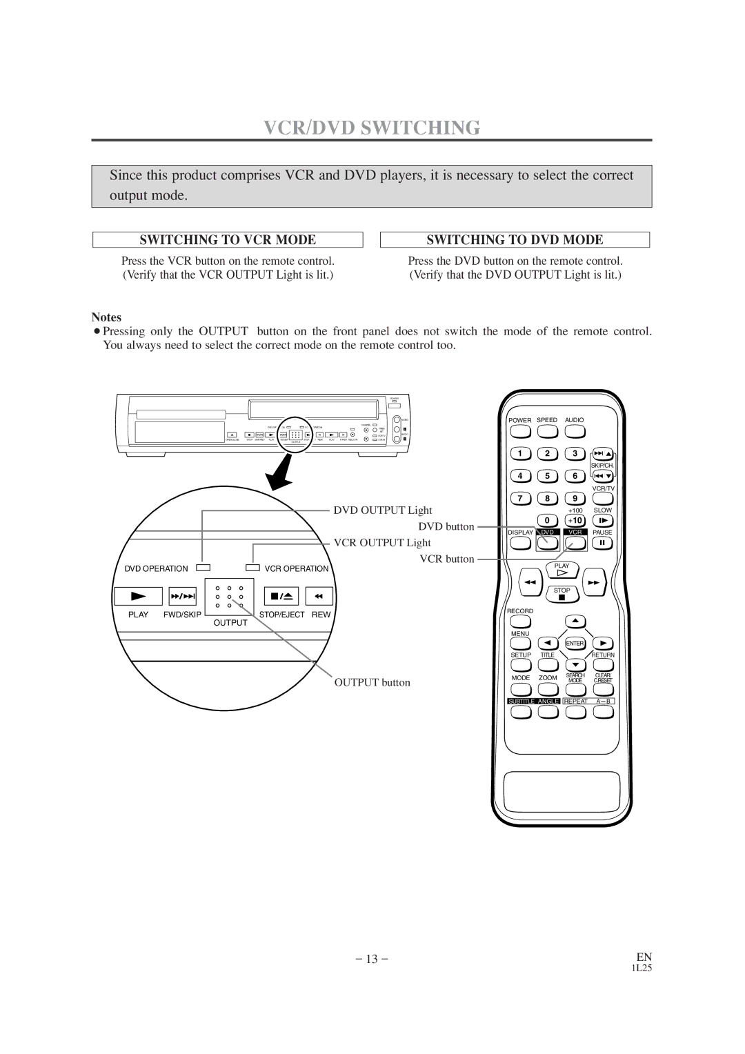 Audiovox AXWD2002 owner manual VCR/DVD Switching, Switching to VCR Mode Switching to DVD Mode 