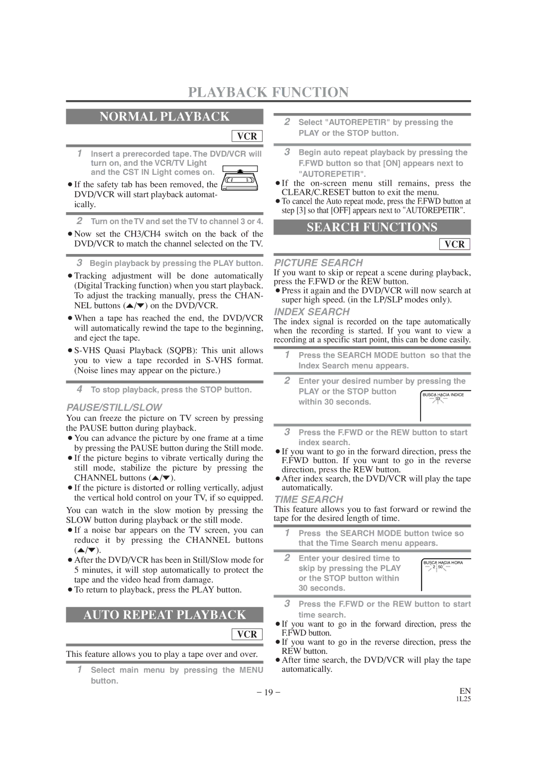 Audiovox AXWD2002 owner manual Playback Function, Normal Playback, Auto Repeat Playback, Search Functions 