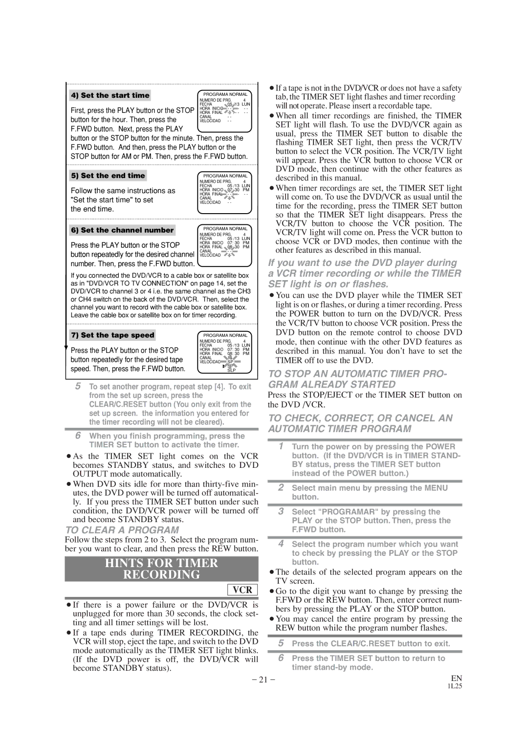 Audiovox AXWD2002 Hints for Timer Recording, To Clear a Program, To Stop AN Automatic Timer PRO- Gram Already Started 