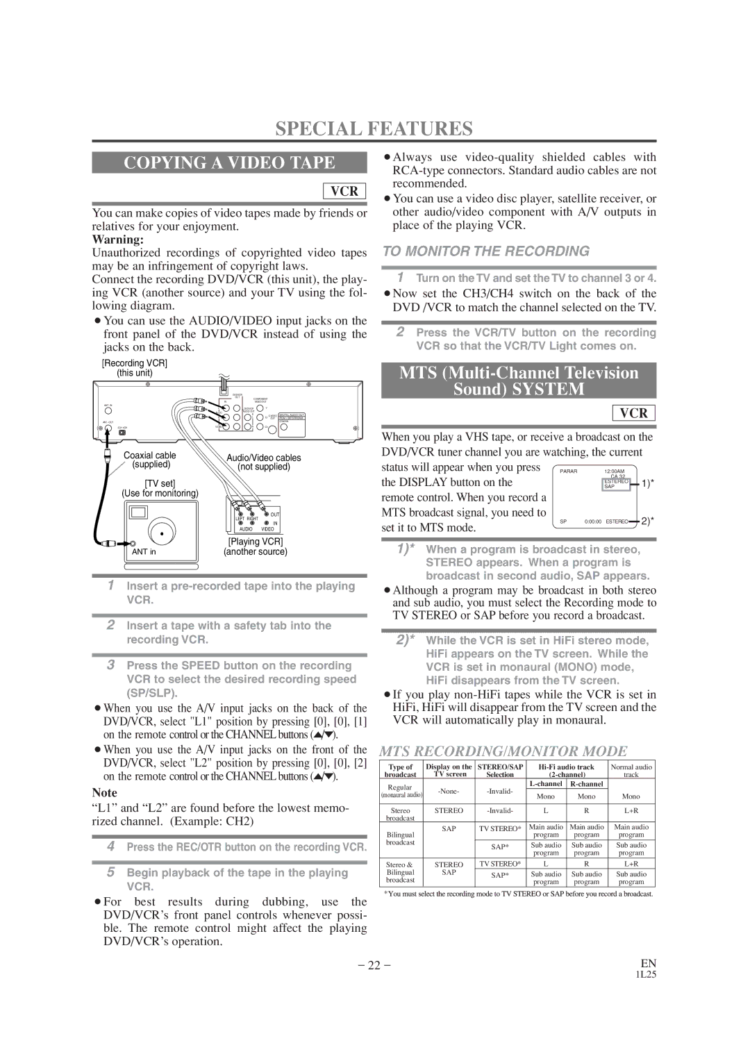 Audiovox AXWD2002 owner manual Special Features, Copying a Video Tape, To Monitor the Recording 