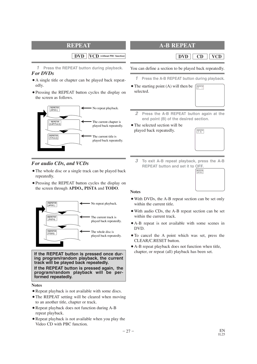 Audiovox AXWD2002 owner manual Repeat, You can define a section to be played back repeatedly 