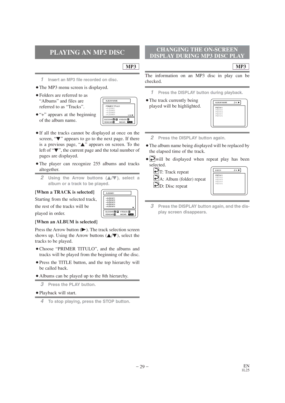 Audiovox AXWD2002 owner manual Playing AN MP3 Disc, When a Track is selected, When an Album is selected 