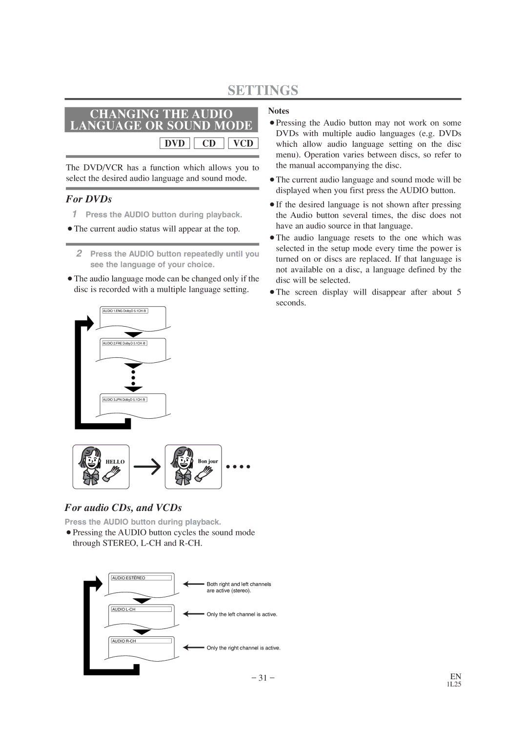 Audiovox AXWD2002 Settings, Changing the Audio Language or Sound Mode, ¡The current audio status will appear at the top 